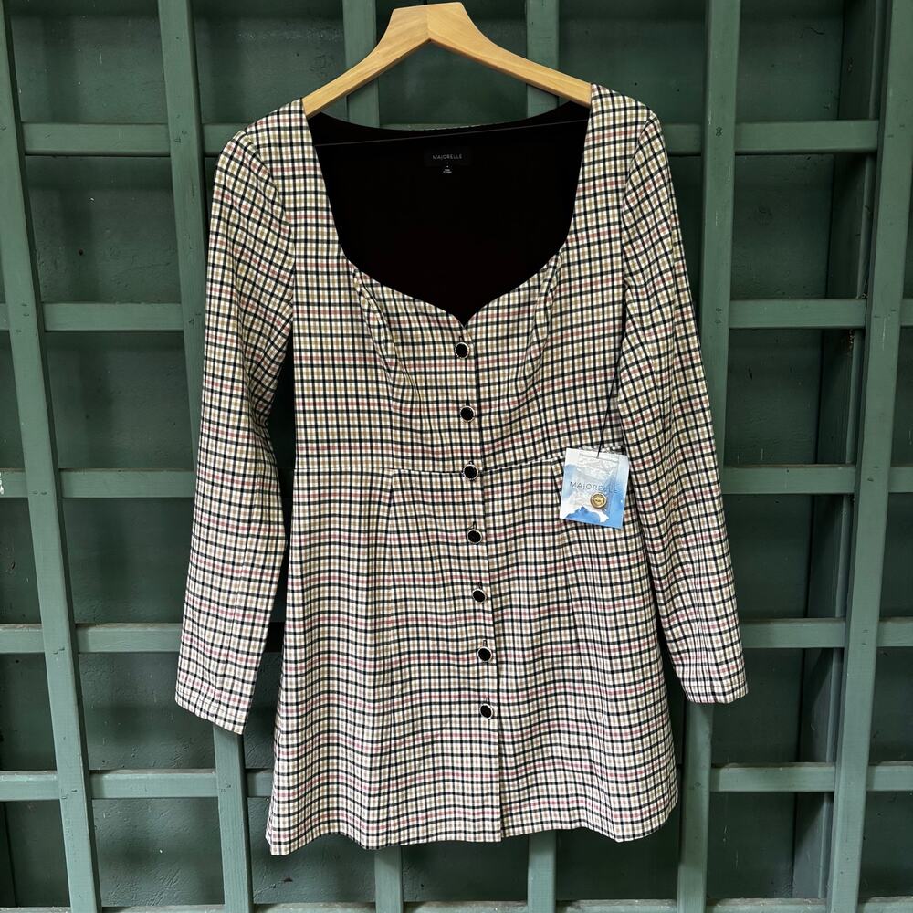 MAJORELLE Dixie Mini Dress Plaid Button Front Sweetheart Sz M- Preppy Glam NWT - Picture 2 of 8